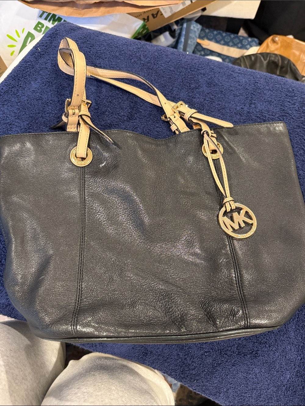 Michael Kors Black Leather Tote with Beige Straps and MK Charm